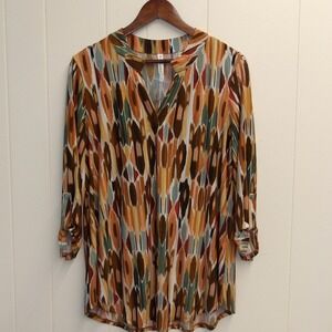 Dear Scarlett Abstract Print Button Down Blouse Lightweight Top Size L /#6336